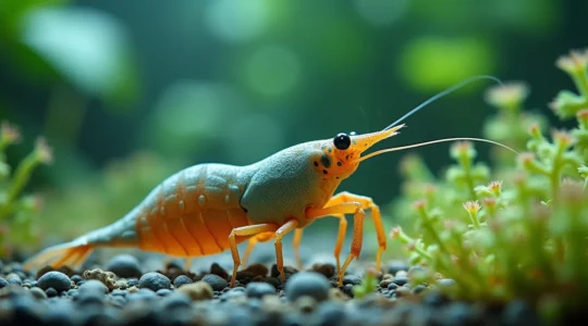 Photographie réaliste d'une crevette Neocaridina sur une plante aquatique dans un aquarium clair avec bokeh naturel en arrière-plan, éclairage cinématographique doux, textures fines visibles sur la carapace