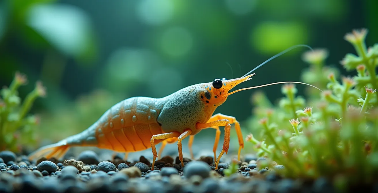 Photographie réaliste d'une crevette Neocaridina sur une plante aquatique dans un aquarium clair avec bokeh naturel en arrière-plan, éclairage cinématographique doux, textures fines visibles sur la carapace