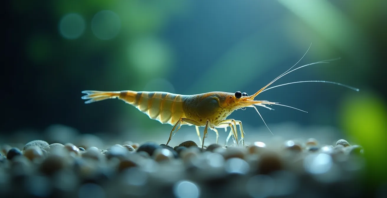 Image évocatrice montrant une crevette dans un environnement calme et sécurisé avec éclairage doux pour symboliser une acclimatation réussie