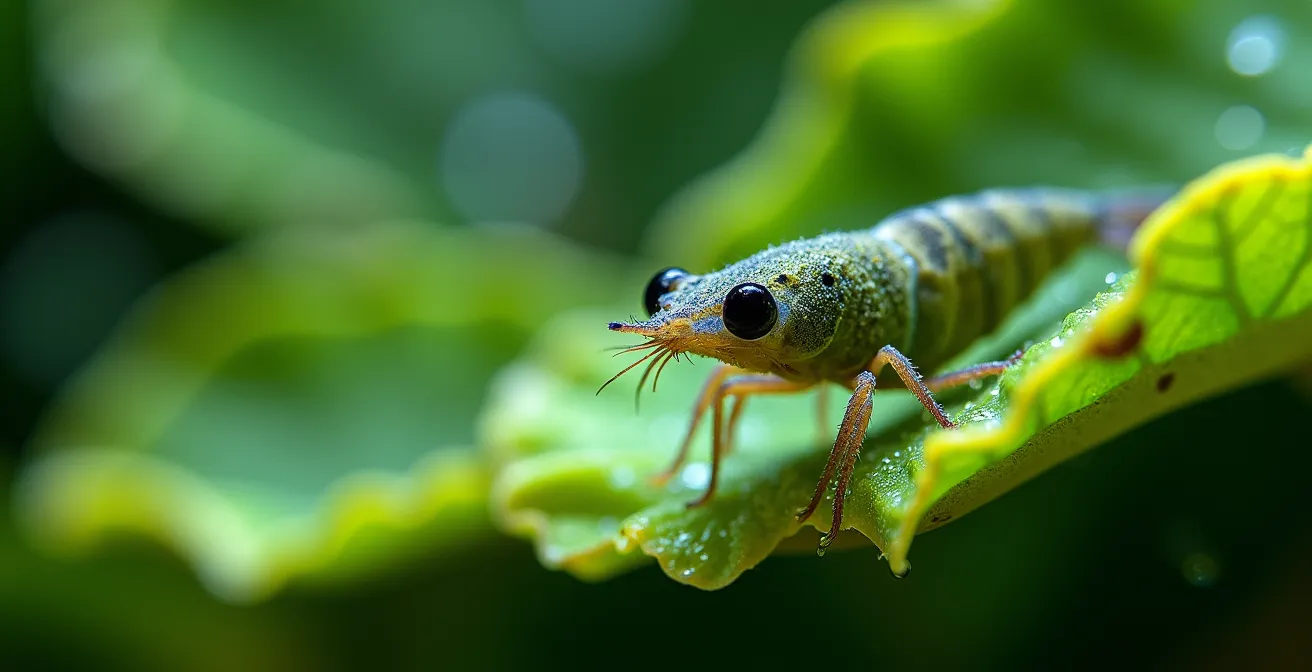 Gros plan photographique sur le biofilm et micro-algues sur des feuilles submergées, source naturelle de nourriture pour les crevettes Neocaridina