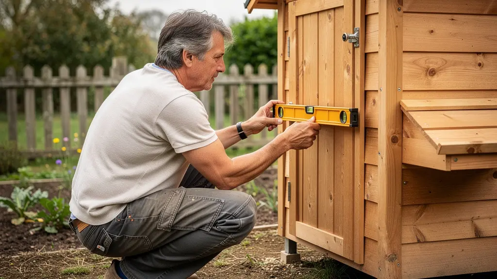 Personne vérifiant alignement porte automatique poulailler avec niveau