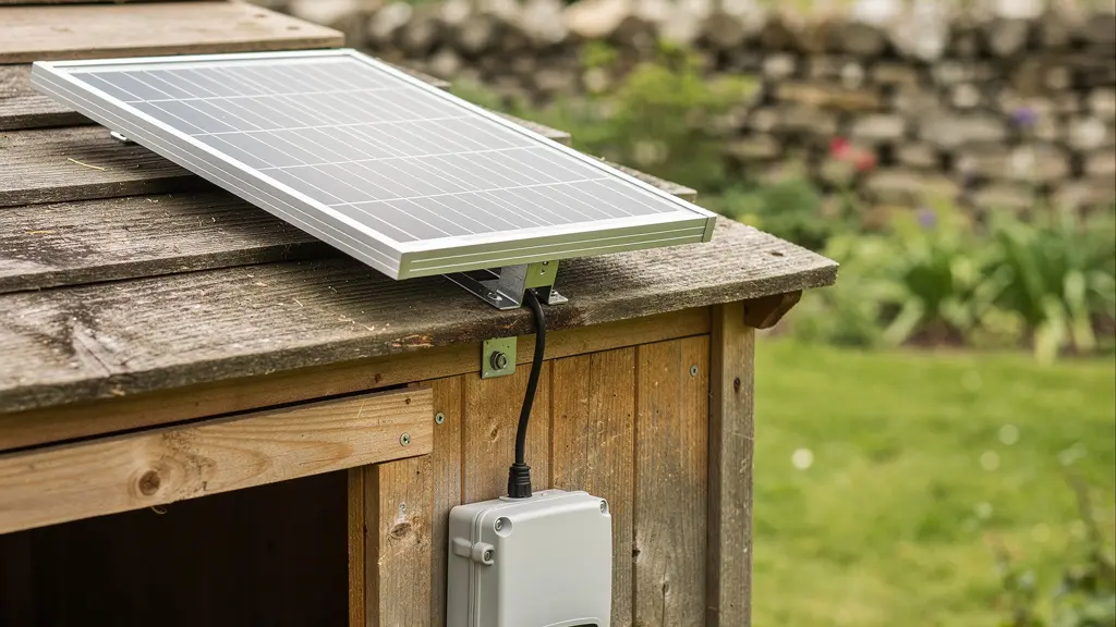 Panneau solaire fixé sur toit de poulailler pour porte automatique