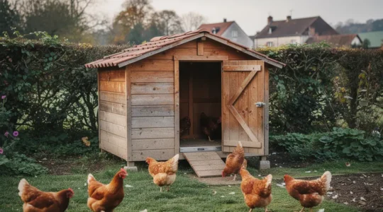Poulailler avec porte automatique ouverte et poules sortant dans jardin français