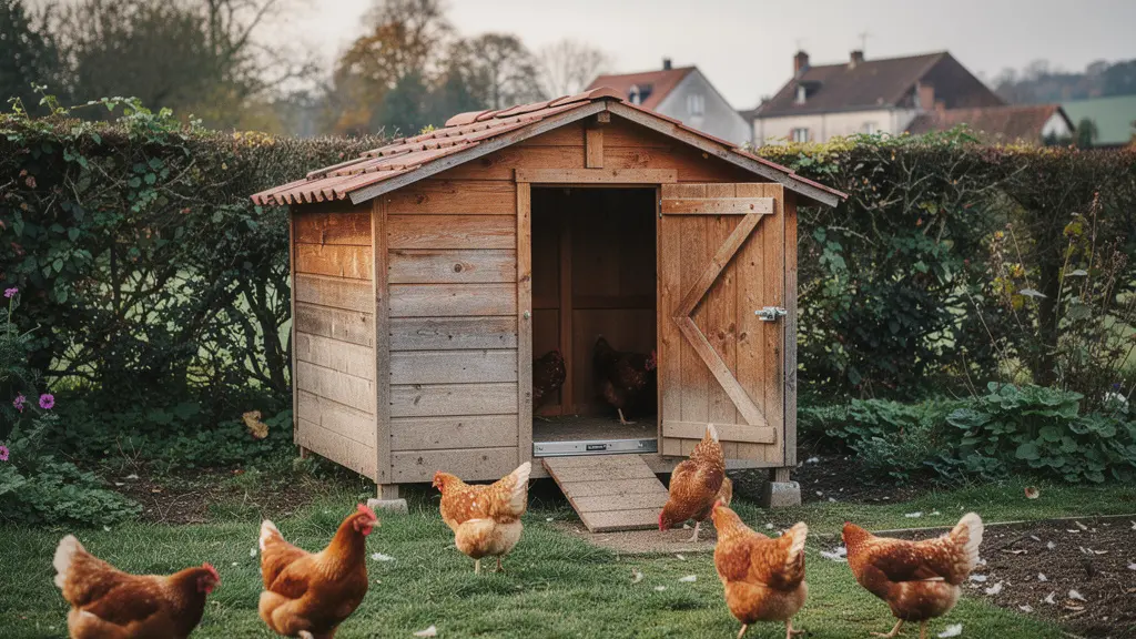Poulailler avec porte automatique ouverte et poules sortant dans jardin français