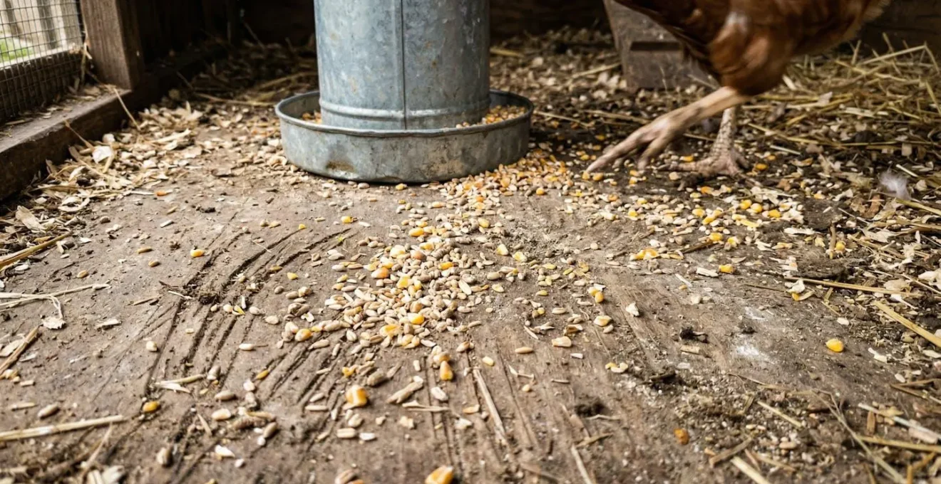 Gros plan sur des graines de céréales éparpillées sur un sol de poulailler en terre battue, traces de grattage visibles autour d'une mangeoire en plastique