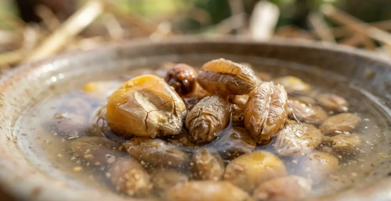 Gros plan de graines pour volailles gonflées par l'eau sur une surface humide