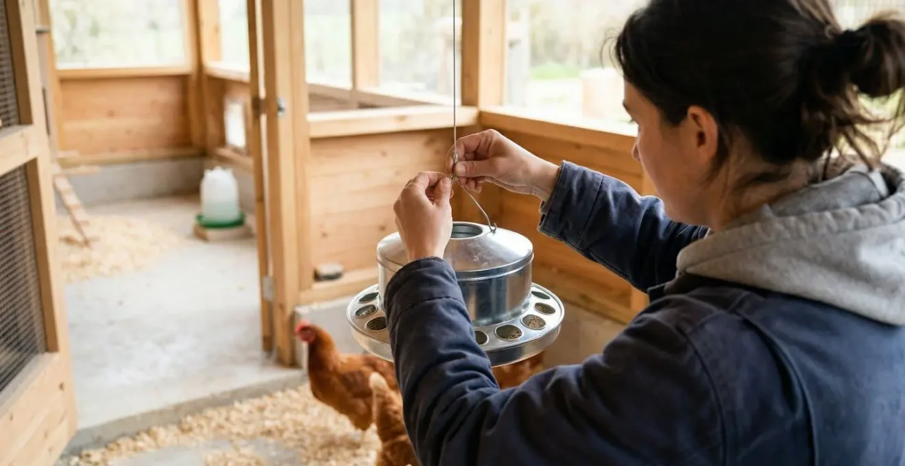 Main installant une mangeoire surélevée en métal dans un poulailler moderne