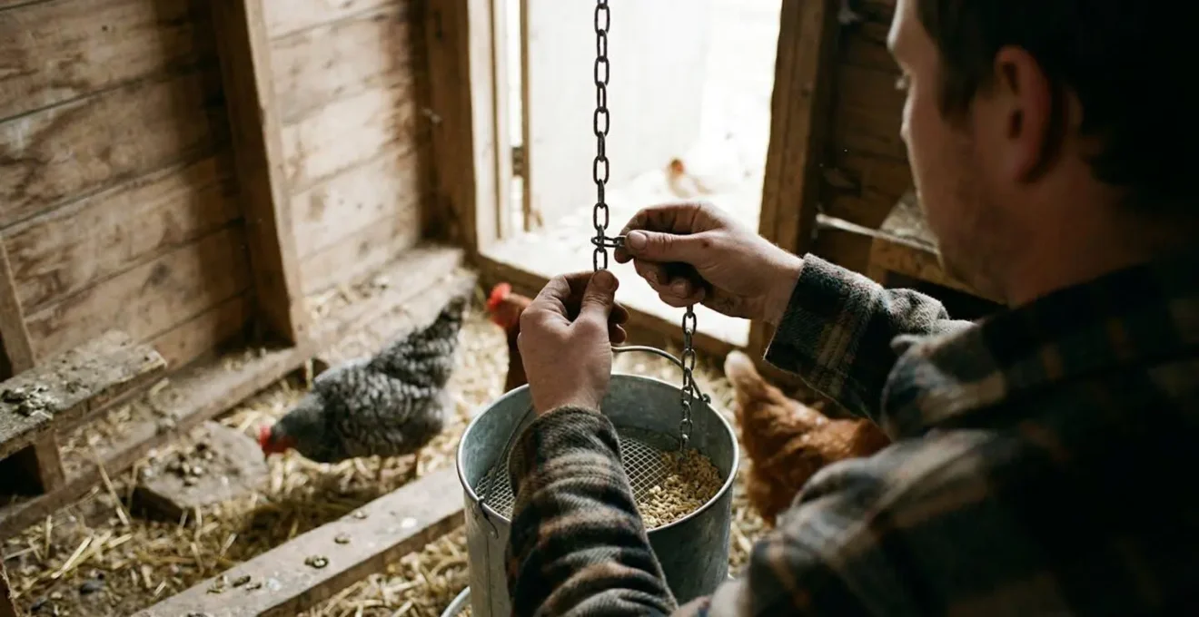 Une main ajuste la chaîne d'une mangeoire métallique suspendue à l'intérieur d'un poulailler en bois, lumière naturelle provenant de la porte ouverte