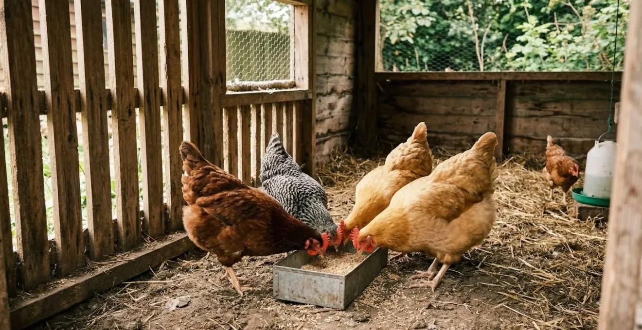 Plusieurs poules rousses rassemblées autour d'une mangeoire dans un poulailler de jardin, lumière matinale naturelle filtrant à travers les planches de bois