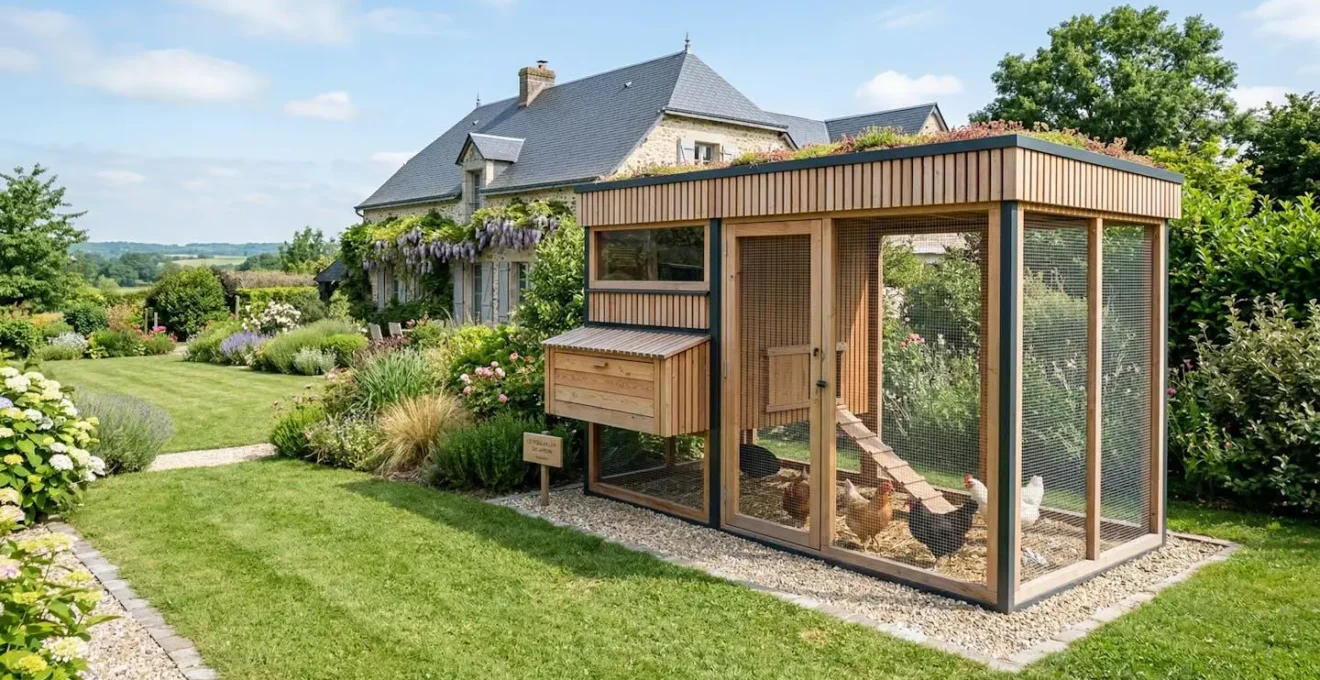 Poulailler en bois contemporain avec parcours herbeux dans un jardin ensoleillé