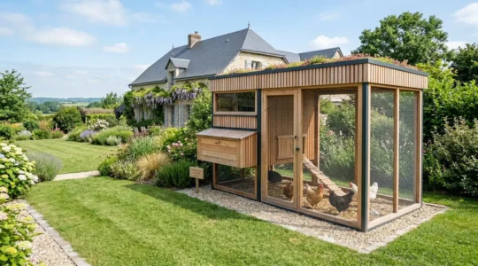 Poulailler en bois contemporain avec parcours herbeux dans un jardin ensoleillé